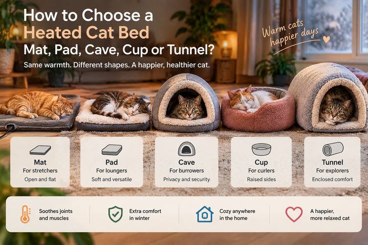 Heated cat bed comparison showing mat, pad, cave, cup and tunnel styles with cats using each bed type.