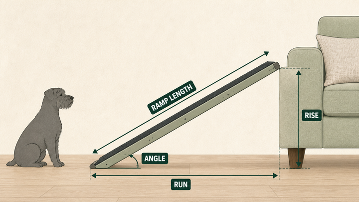Diagram showing ramp rise, run, surface length and angle beside a sofa