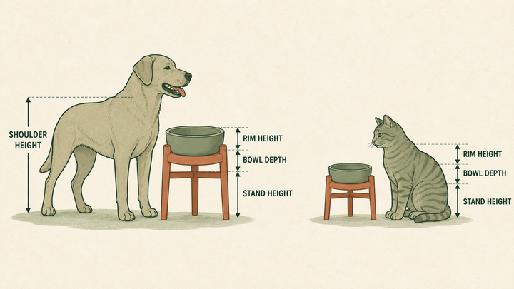 Dog and cat bowl measurement diagram showing shoulder, rim, bowl and stand height