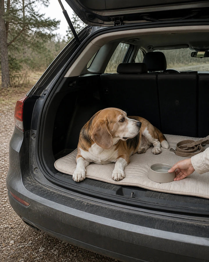Older dog resting in the open cargo area of a parked car during a travel break