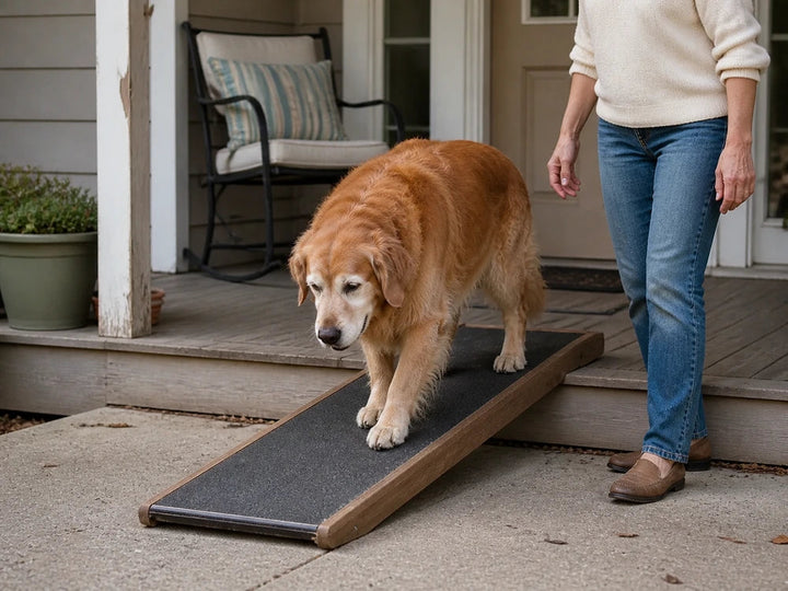 Older dog using a stable ramp with an owner nearby at home