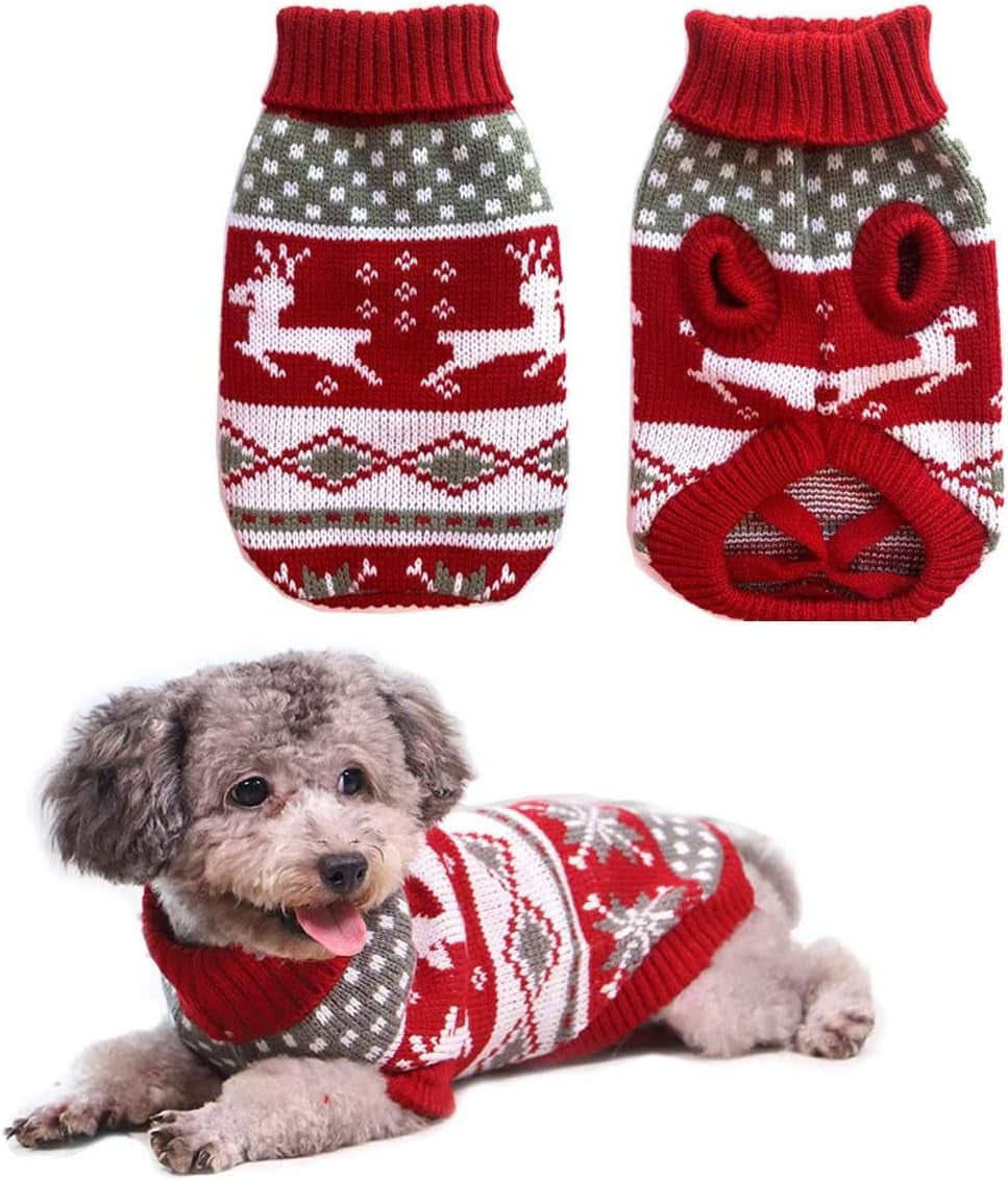 Red reindeer knit pet sweater, front and back, with dog
