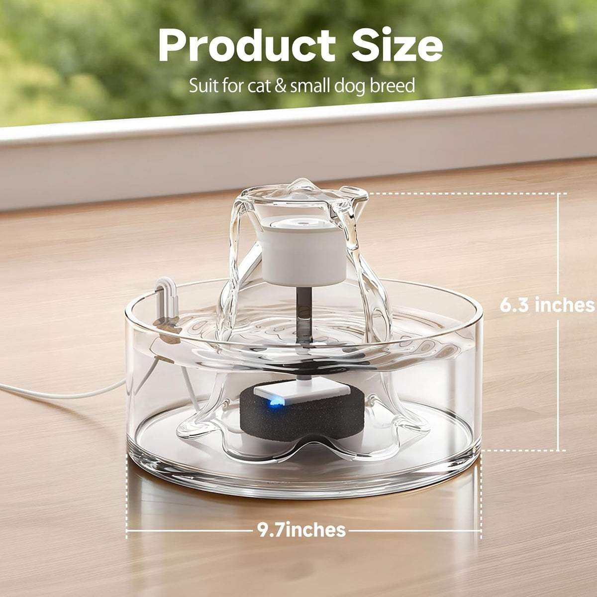 Glass Cat Water Fountain, 2.7 L Ultra-Quiet