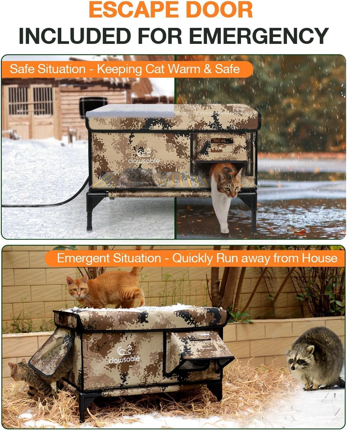 Escape door lets a cat leave the camo cat house when threatened