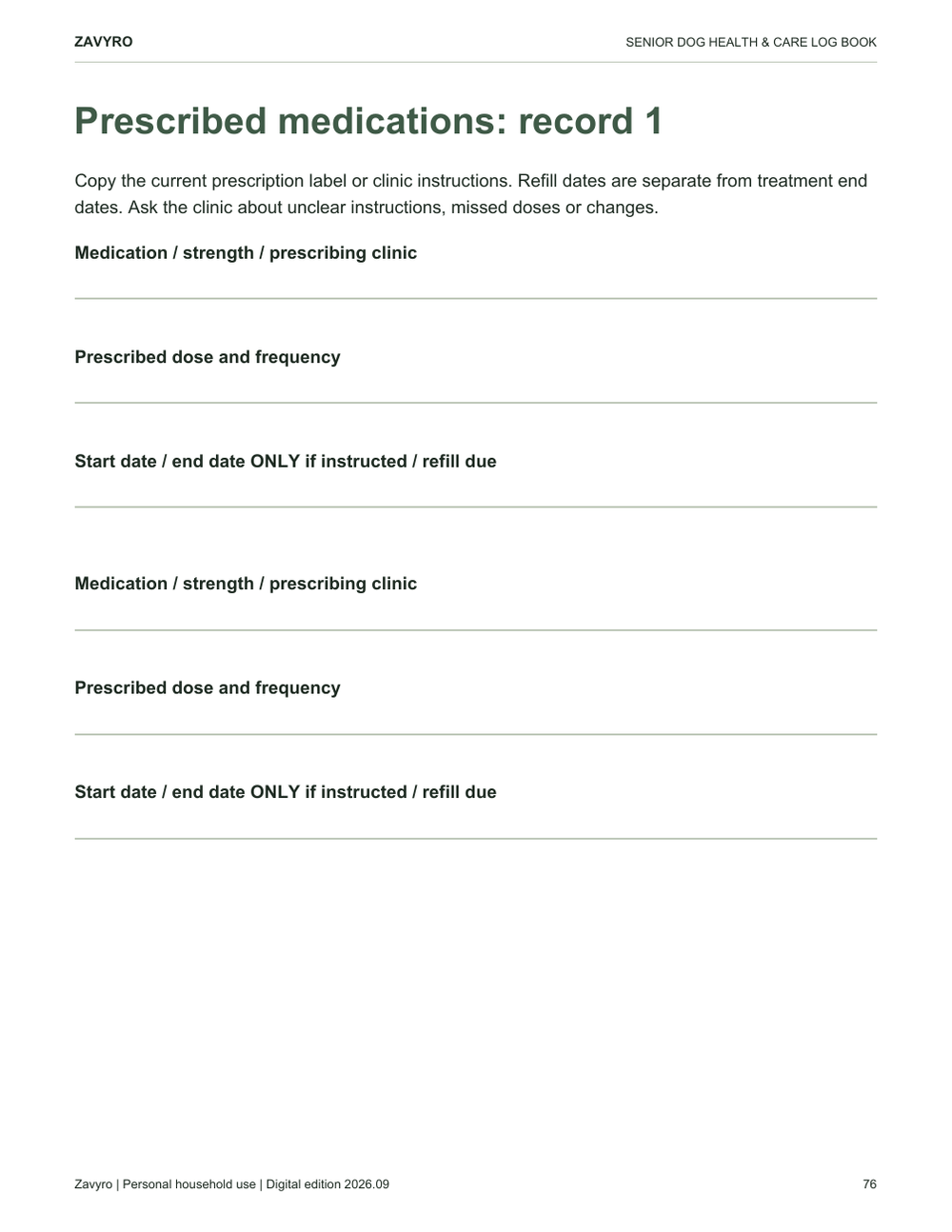 Actual PDF preview: prescribed medication record with spaces to copy the veterinarian's instructions