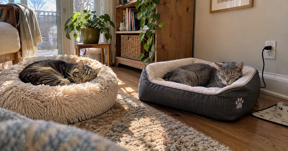 Cat resting beside a heated pet bed and a self-warming cat bed, comparing plug-in warmth with heat-reflecting bedding.