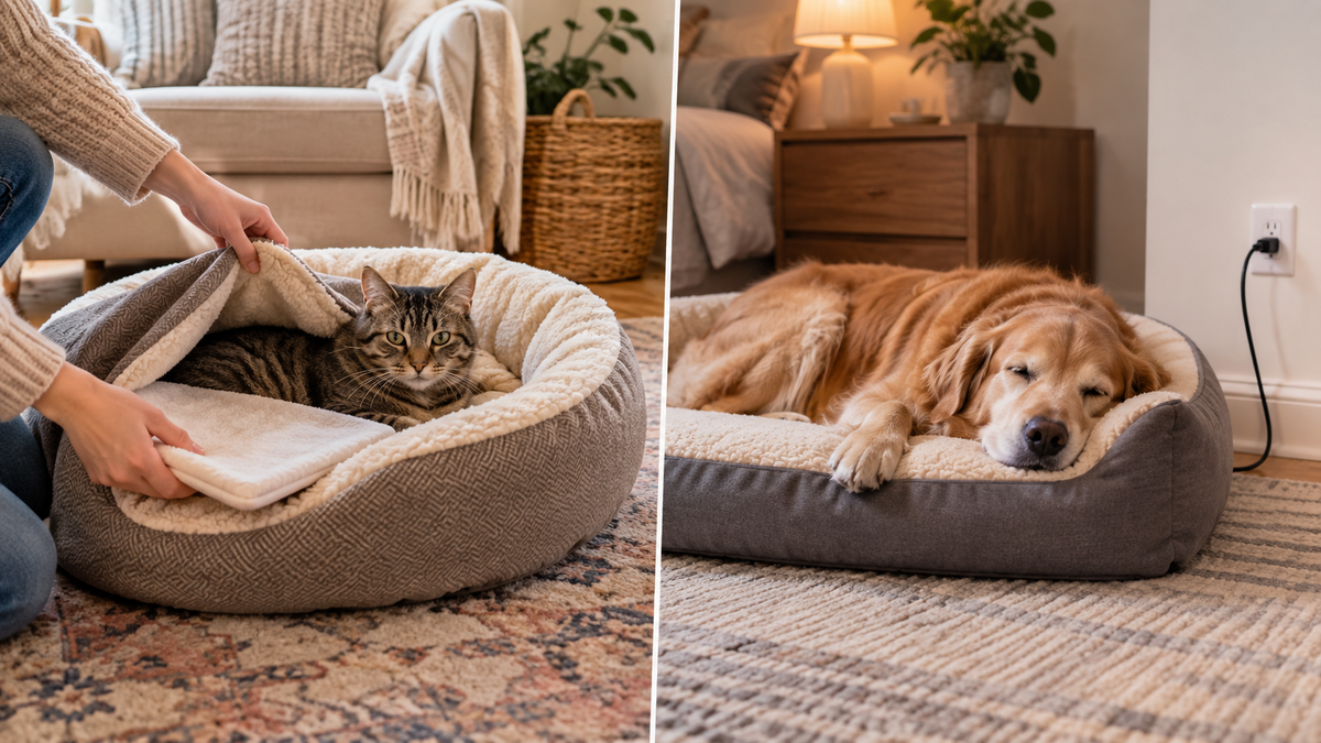 Cat resting on a pet bed with a microwavable warmer under the bedding beside a dog sleeping on an electric heated bed plugged into a wall outlet.