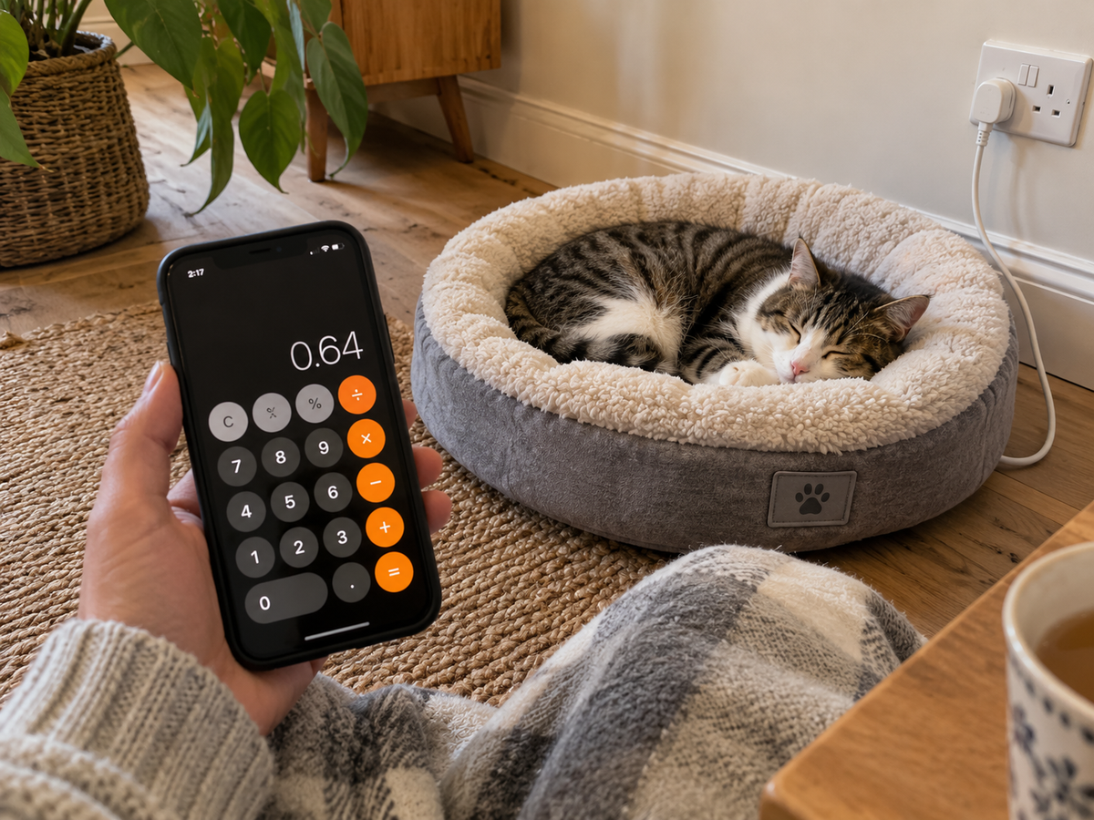 Cat sleeping in a heated pet bed beside a wall outlet while an owner calculates the electricity cost on a smartphone.