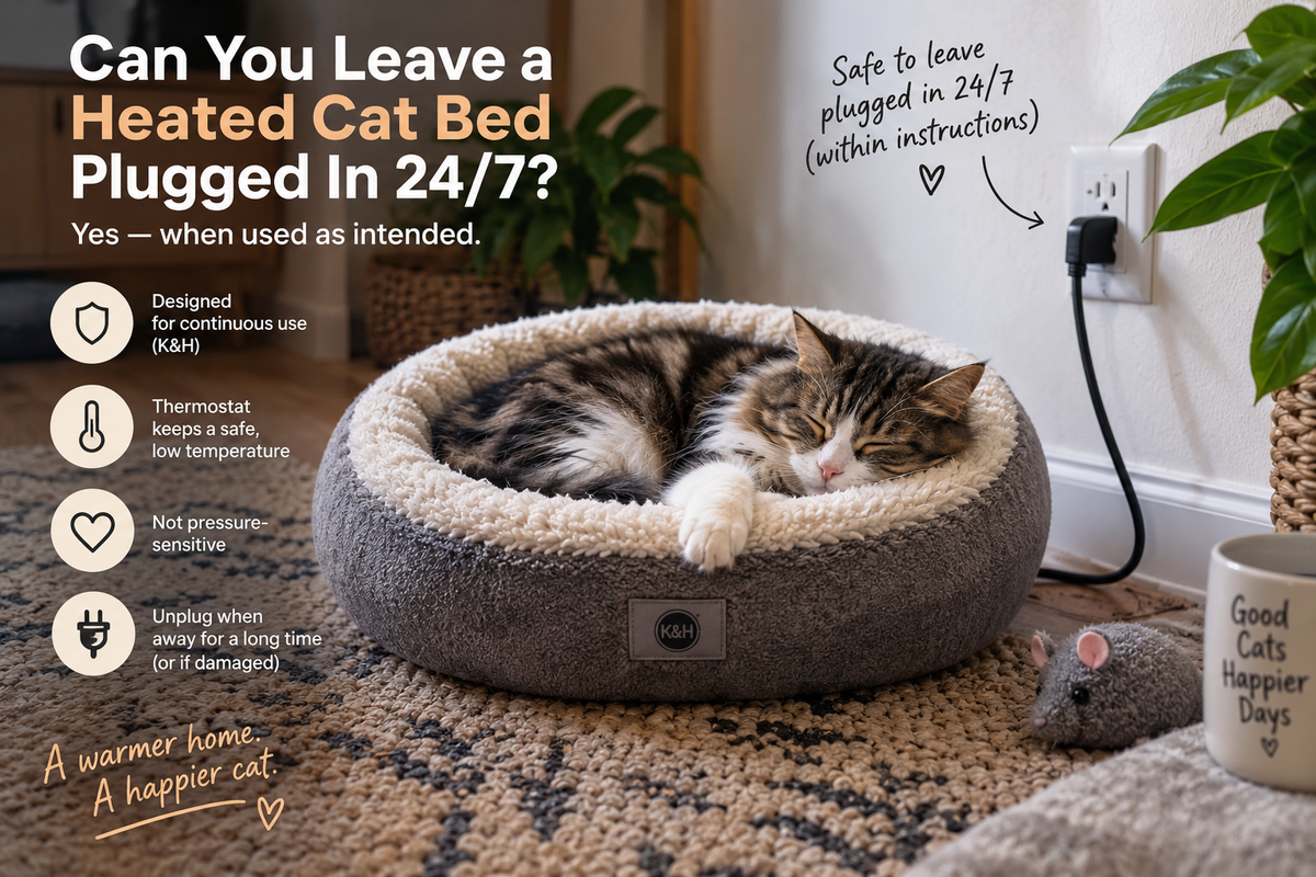 Cat sleeping in a heated pet bed plugged into a wall outlet, illustrating safe continuous 24/7 use when used as instructed.