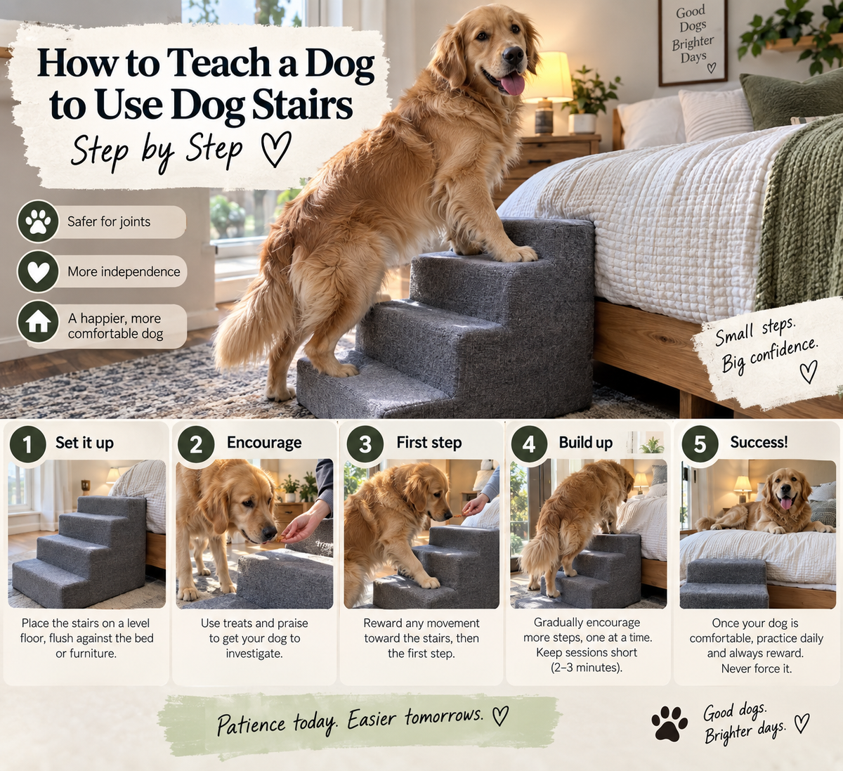 Golden retriever learning to use dog stairs beside a bed, with step-by-step training images showing setup, encouragement, climbing and successful bed access.