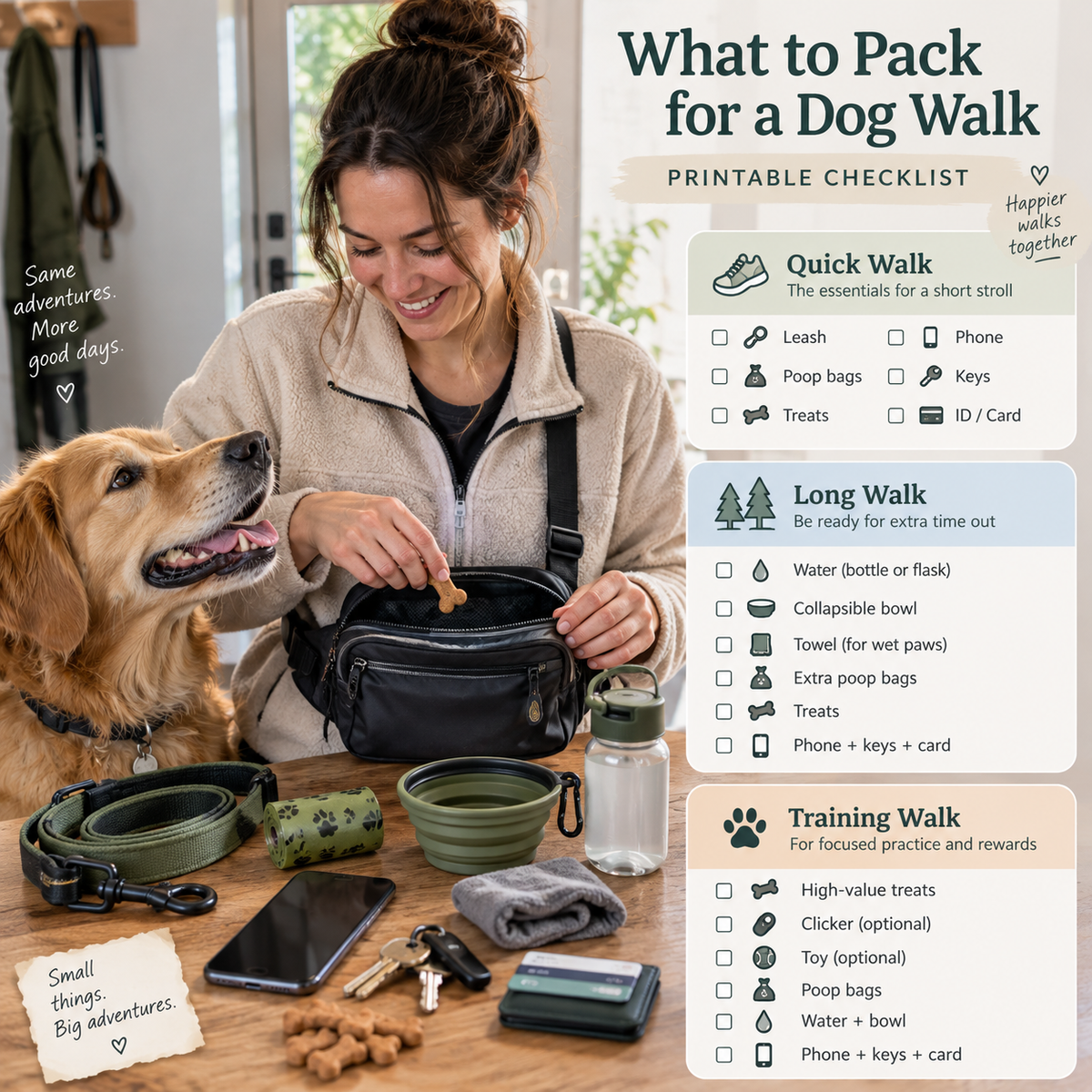 Woman packing a belt bag for a dog walk beside a golden retriever, with a checklist of essentials for quick walks, long walks and training walks.