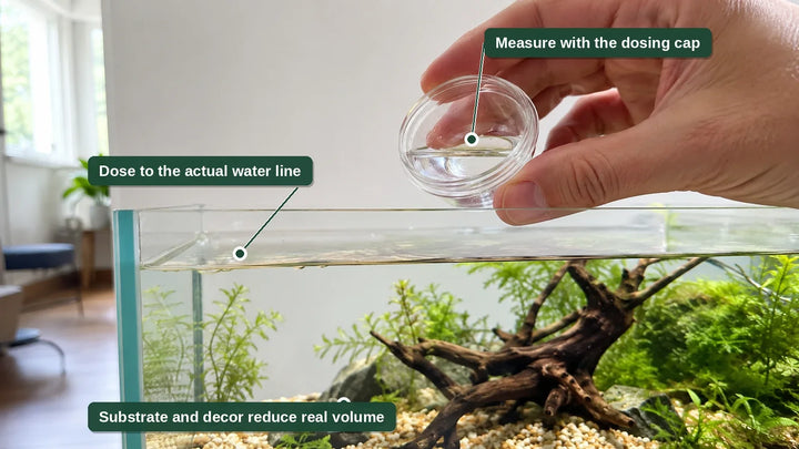 A hand holding a dosing cap above a planted aquarium, with the water line and gravel that set the real dosing volume