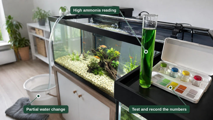A green ammonia test result beside an aquarium test kit during a partial water change, with the siphon bucket in view