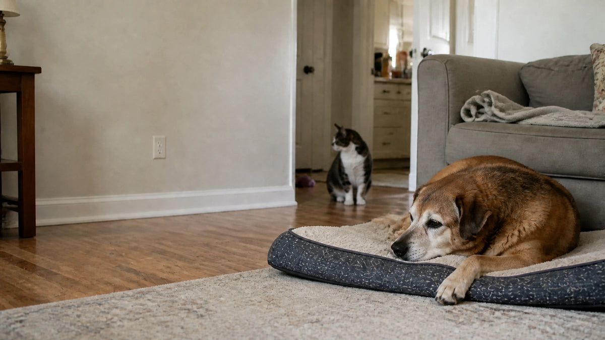 Senior dog resting on a low bed with a cat nearby in a lived-in home