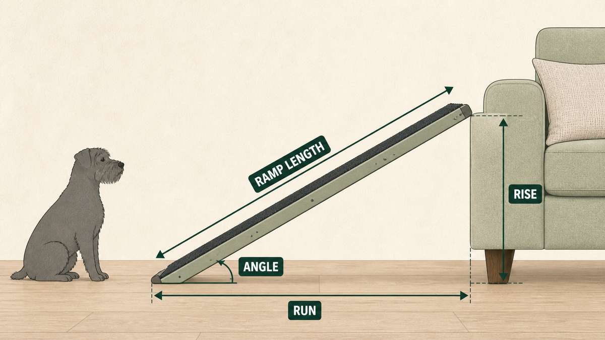 Diagram showing ramp rise, run, surface length and angle beside a sofa