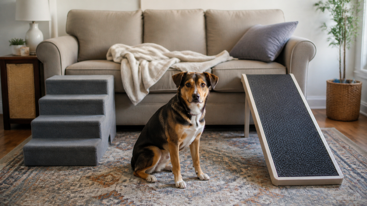 Dog between separate pet stairs and a ramp beside a sofa at home