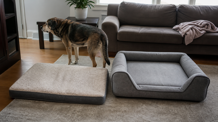 Senior dog beside a flatter standard bed and a thicker supportive dog bed