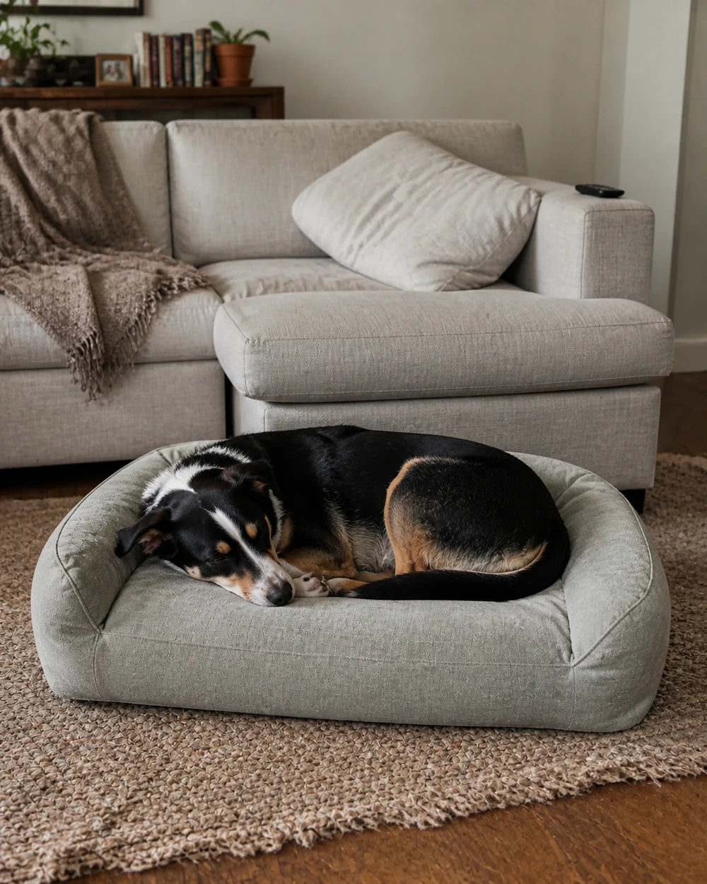 Dog sleeping naturally in a supportive bed in a lived-in living room