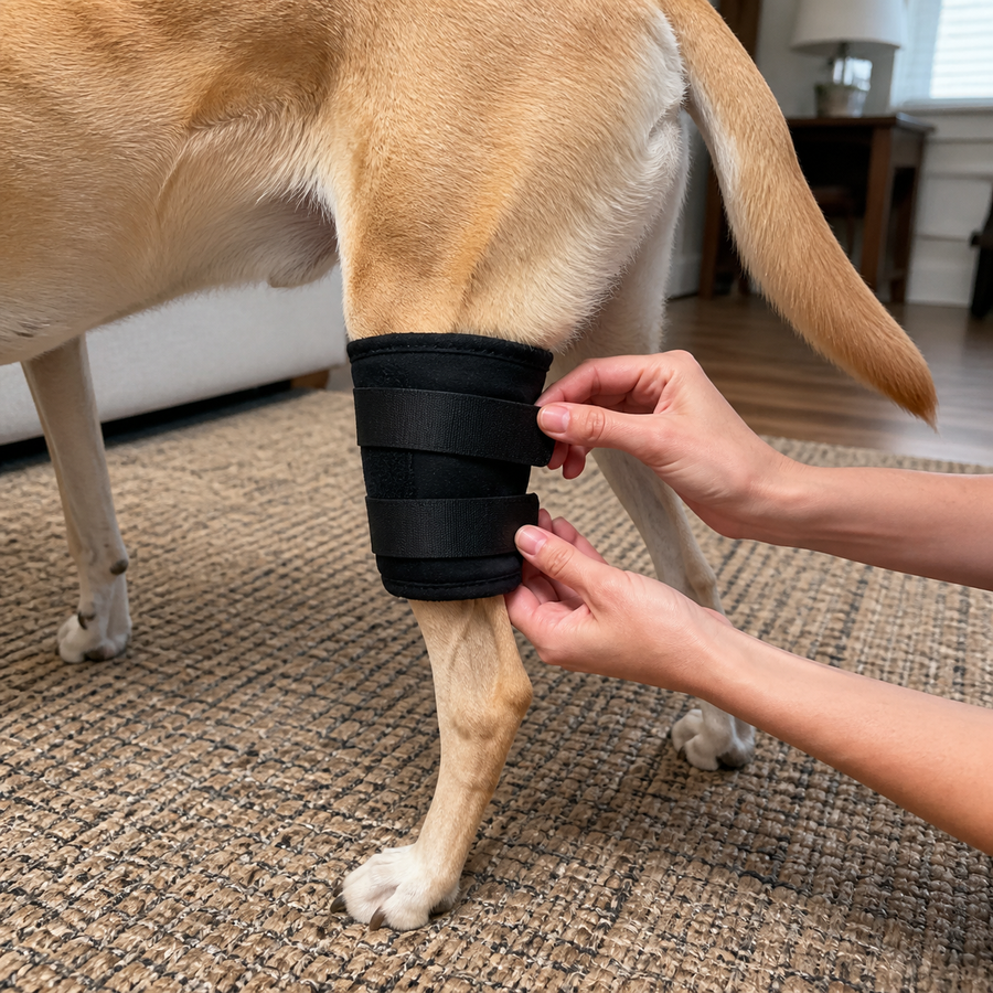 Owner adjusting a fabric leg support on a standing dog