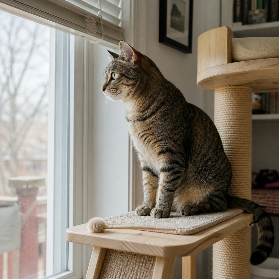 Cat watching the outdoors from a window perch