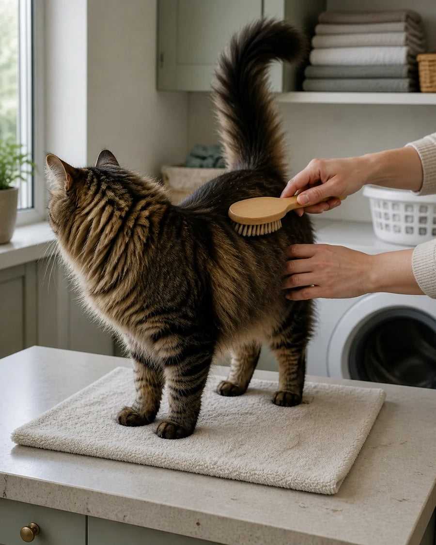 Cat receiving gentle coat brushing at home