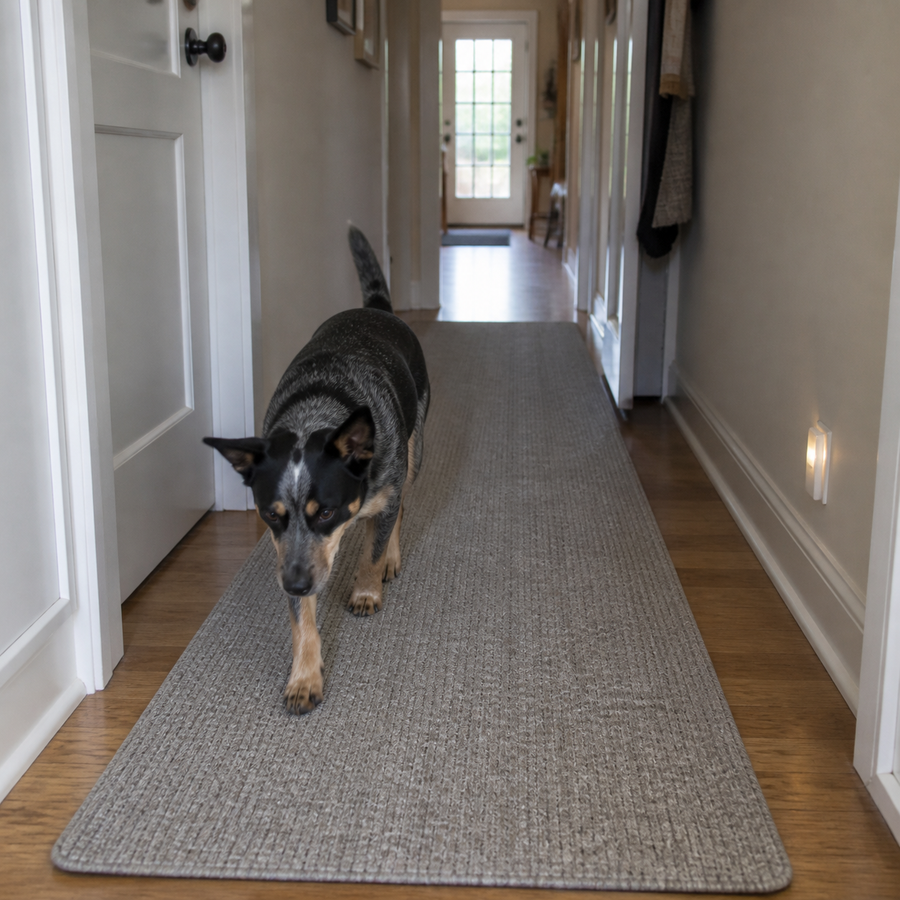 Dog walking over a secured non-slip hallway runner at home
