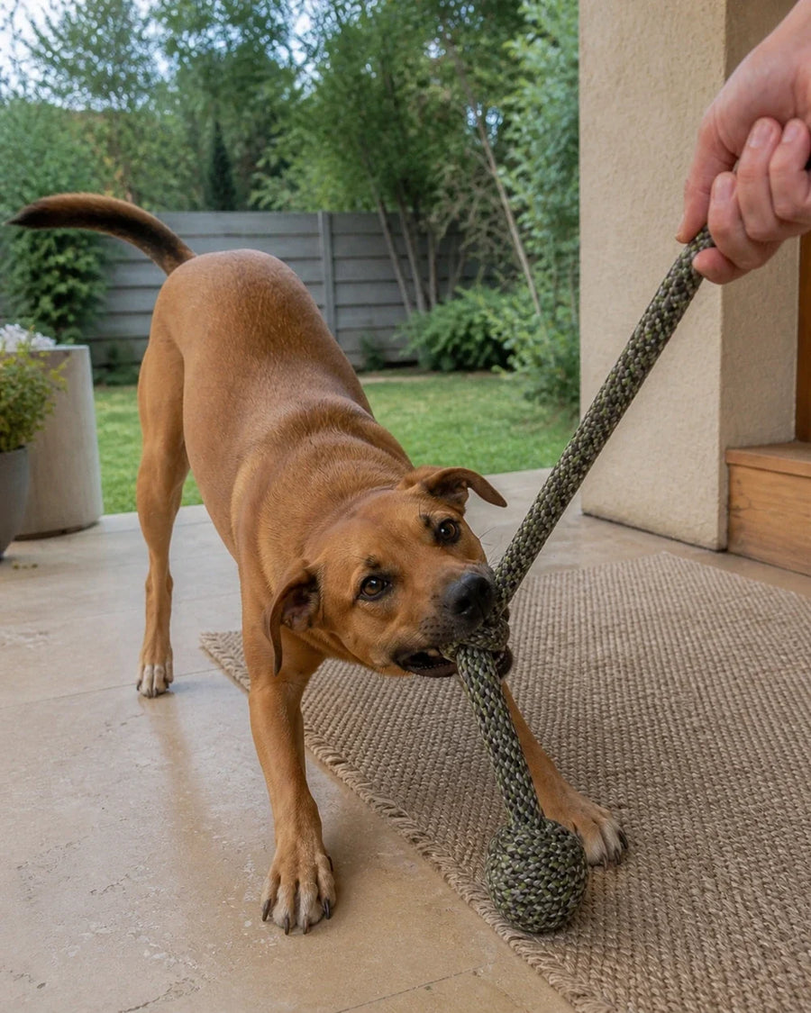 Dog playing with a braided rope toy at home