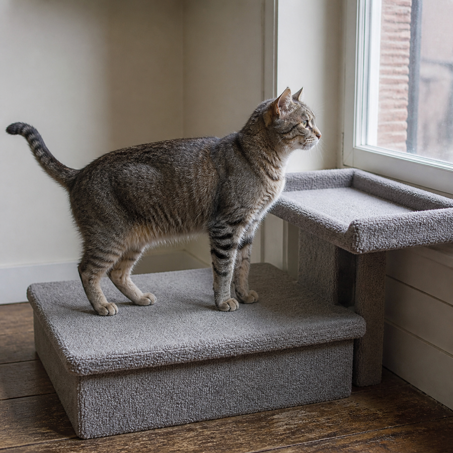 Older cat using a low platform beside a window perch