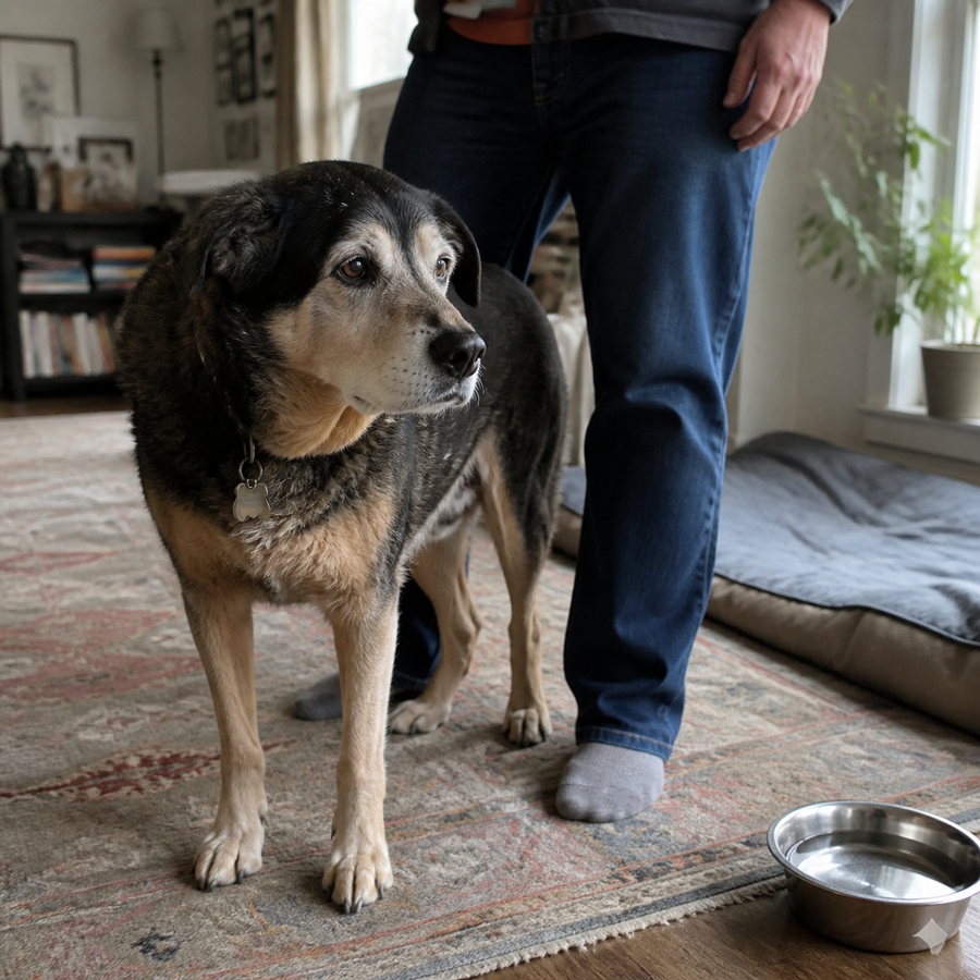Older dog standing beside its owner with a low bed and water bowl nearby