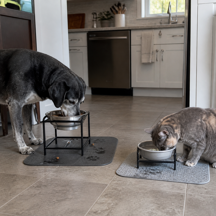 Older dog and cat using separate raised feeding stations at home