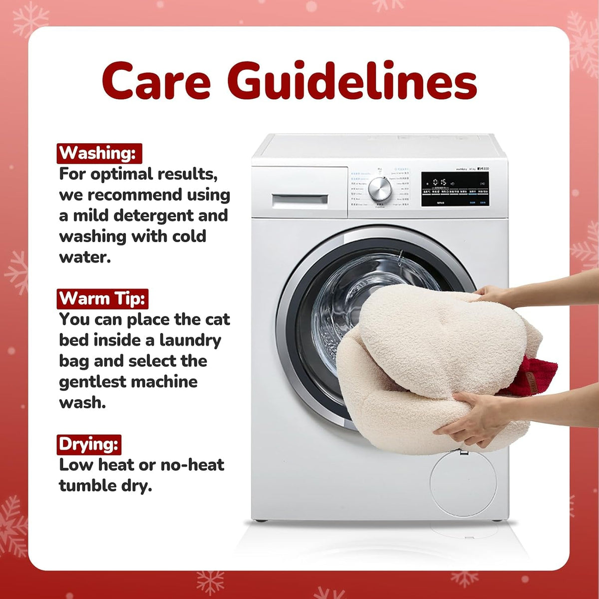 Snowman cat bed care guide: machine wash in a laundry bag