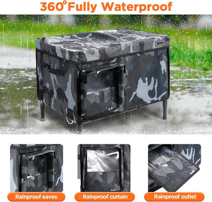 Waterproof cat house in rain with eaves, door curtain and outlet