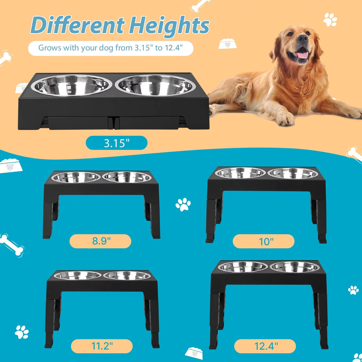 Adjustable Elevated Dog Bowl Stand with Steel Dishes