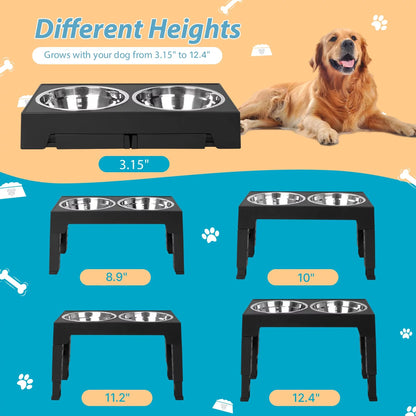 Adjustable Elevated Dog Bowl Stand with Steel Dishes