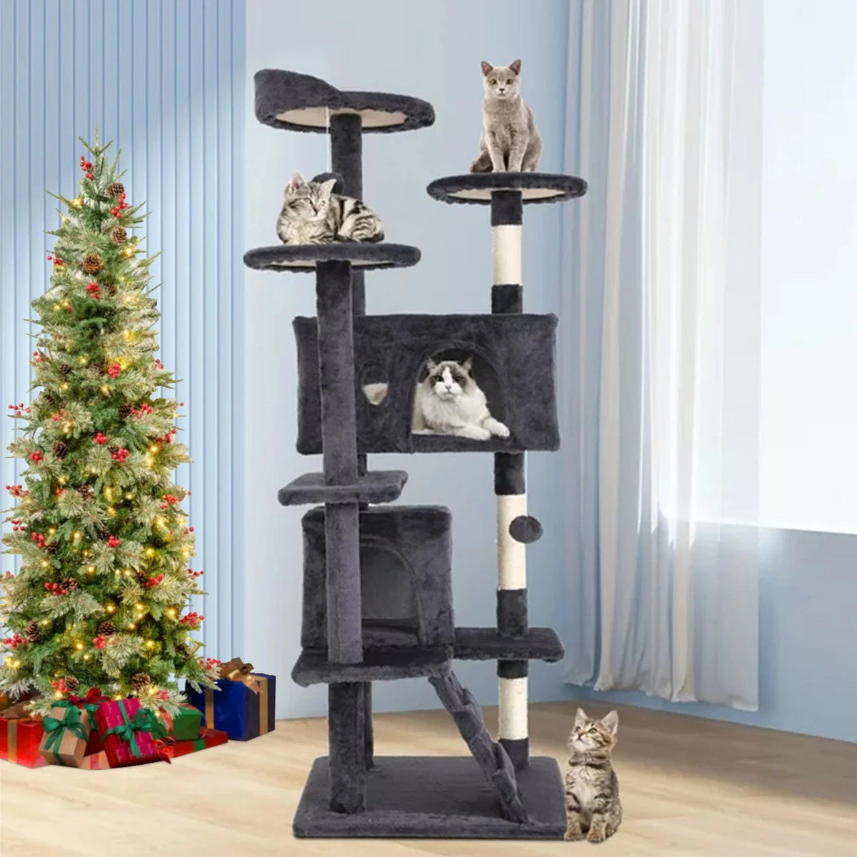 54 in Double Condo Cat Tree with Perch, Ash Gray
