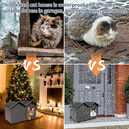 Heated cat house used in a garage, on a porch and indoors