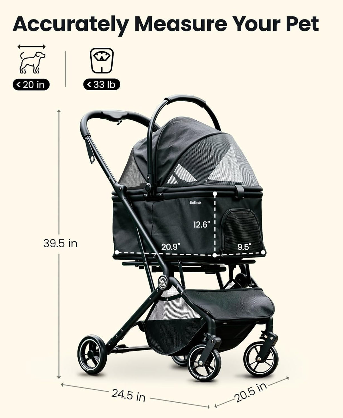 4-Wheel Foldable Pet Stroller with Removable Carrier, 33 lbs