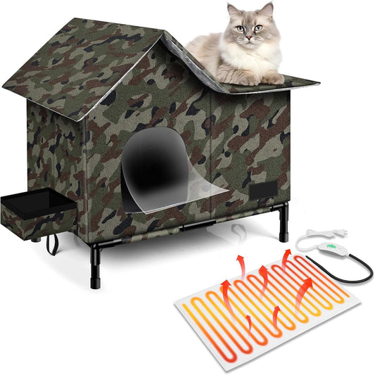 Foldable insulated cat shelter in camo with heating pad