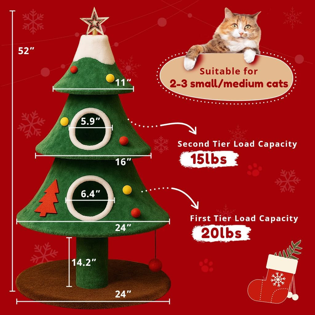 52-inch Christmas tree cat tower dimensions and tier load capacity