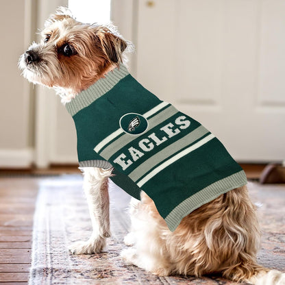 Small dog wearing Philadelphia Eagles sweater indoors