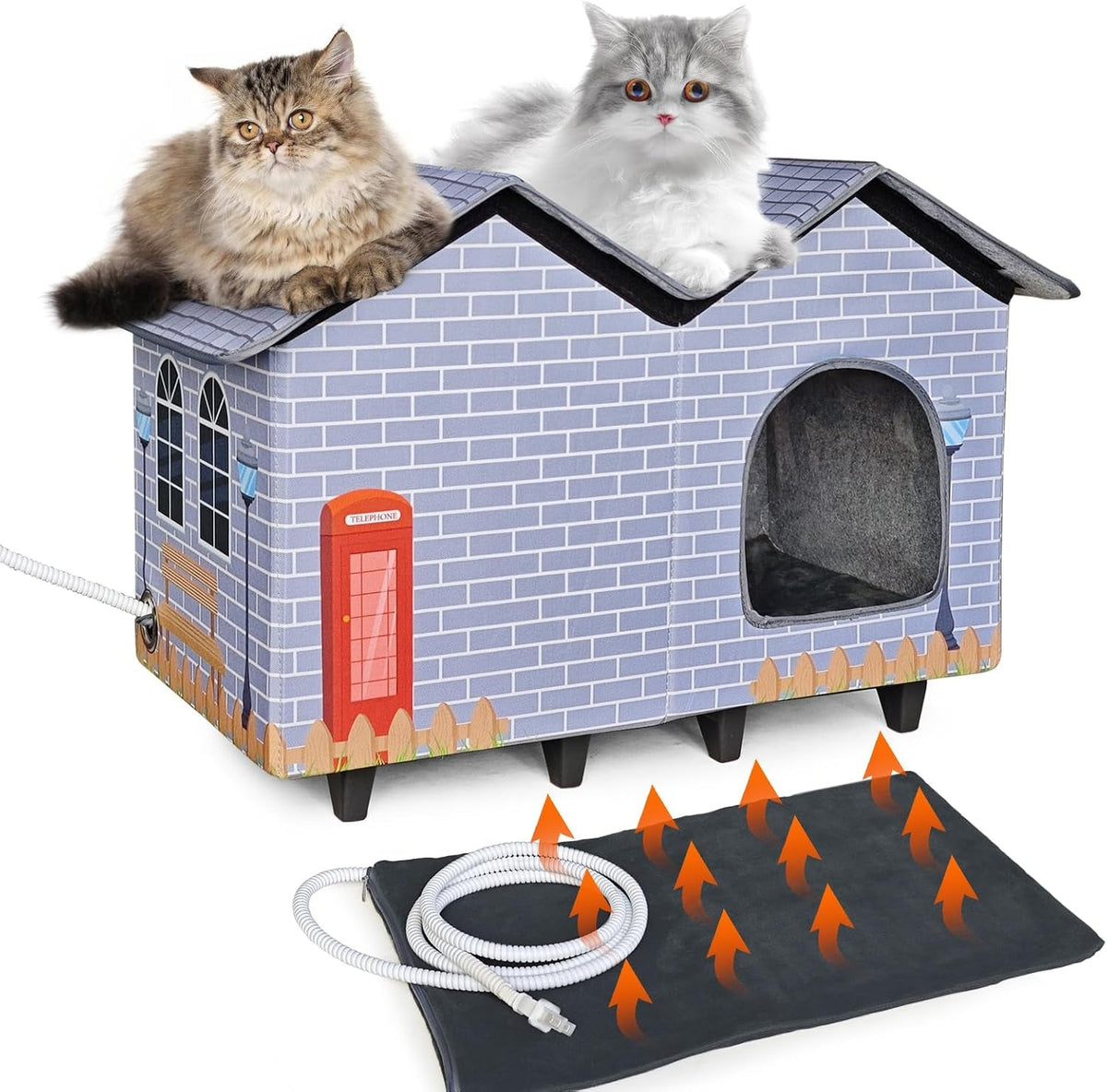 Brick-print heated cat house with two cats and heating pad