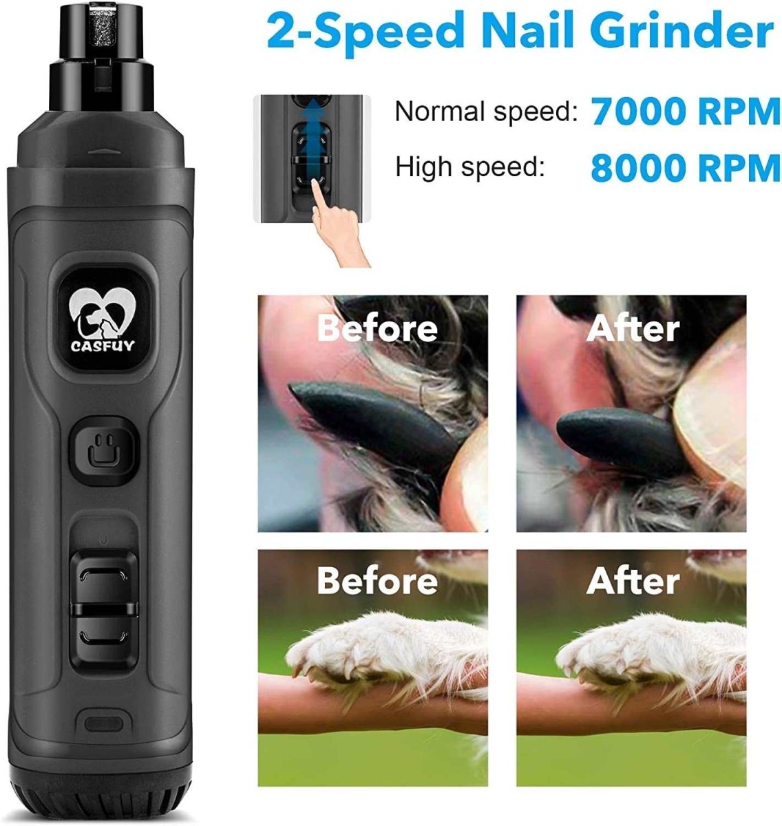 Rechargeable Dog Nail Grinder with 2 LED Lights