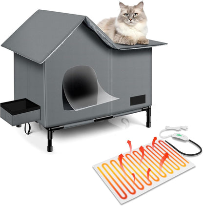 Foldable insulated cat shelter in gray with heating pad and bowl