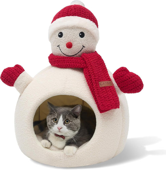 Snowman cat cave bed with a cat inside