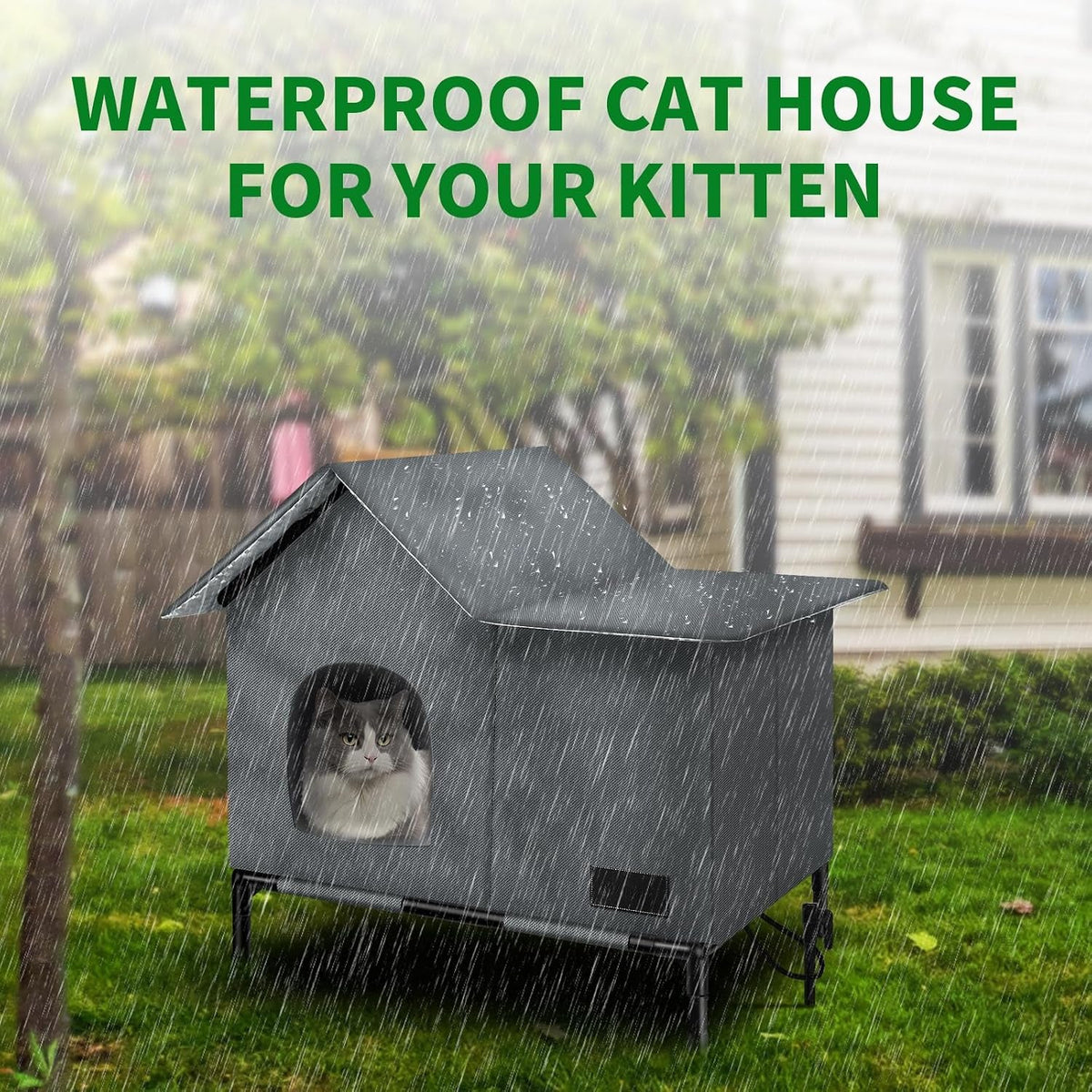 Gray waterproof cat shelter in the rain