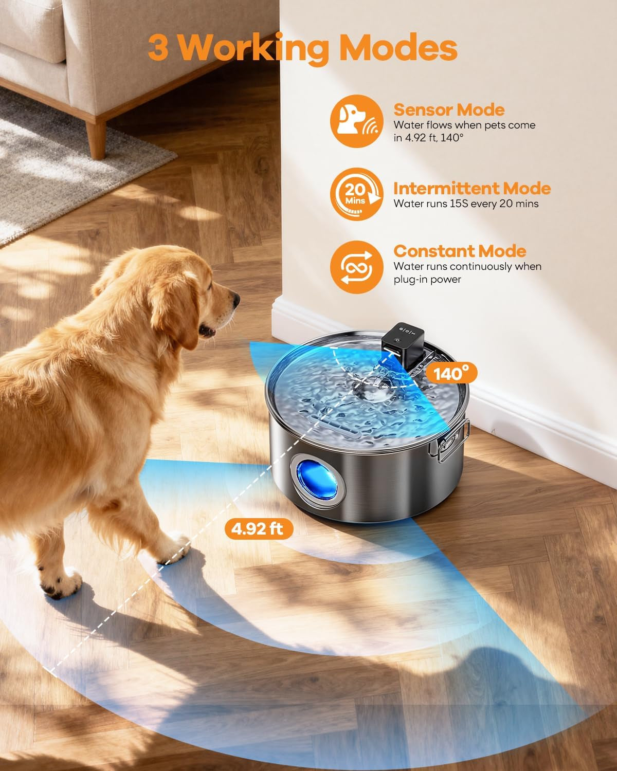 Wireless Stainless Steel Dog Fountain, 3.4 Gallon