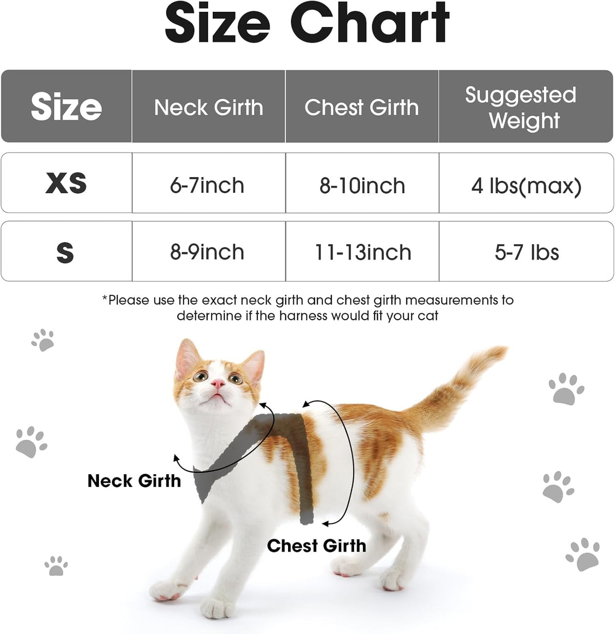 Cat harness size chart for XS and S