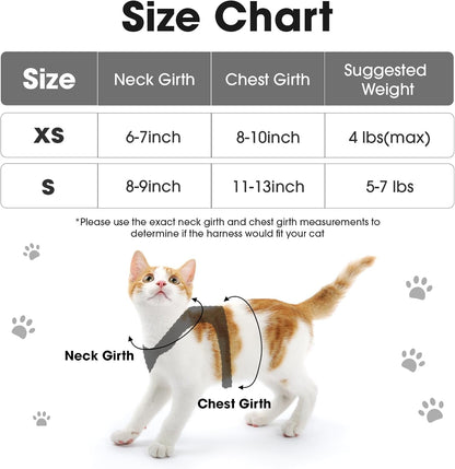Cat harness size chart for XS and S