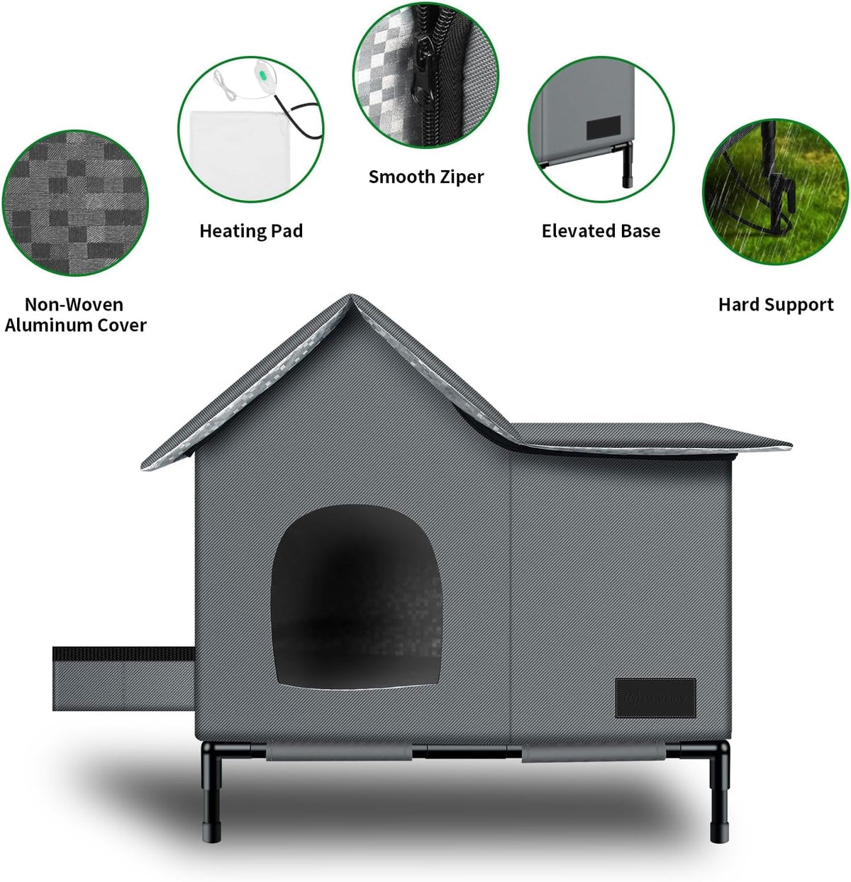 Cat shelter features: foil lining, zipper, heating pad, elevated base