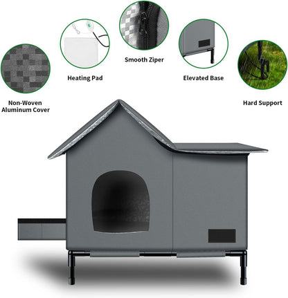 Cat shelter features: foil lining, zipper, heating pad, elevated base